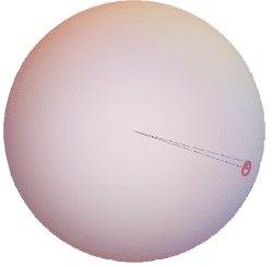 Animated GIF. A semi-transparent sphere with a red circle drawn on it. A blue line along the surface of the sphere connects the circle to the center point of the circle. There are also two thin, straight lines emanating from the center of the sphere, with one reaching the centerpoint of the circle and the other reaching the circle itself. As the GIF animates, the radius of the red circle grows and shrinks, showing all possible circles on the surface of the sphere.
